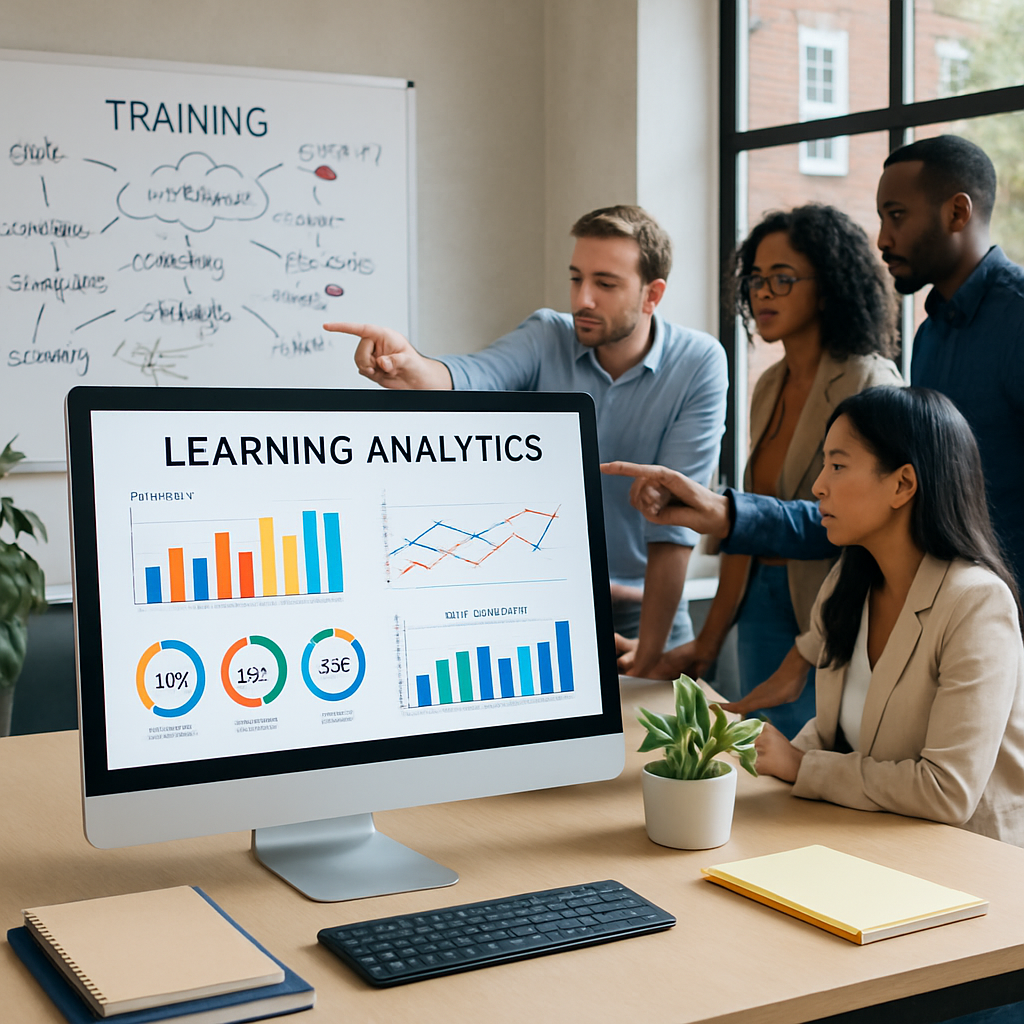 people crowded around a monitor displaying learning analytics charts